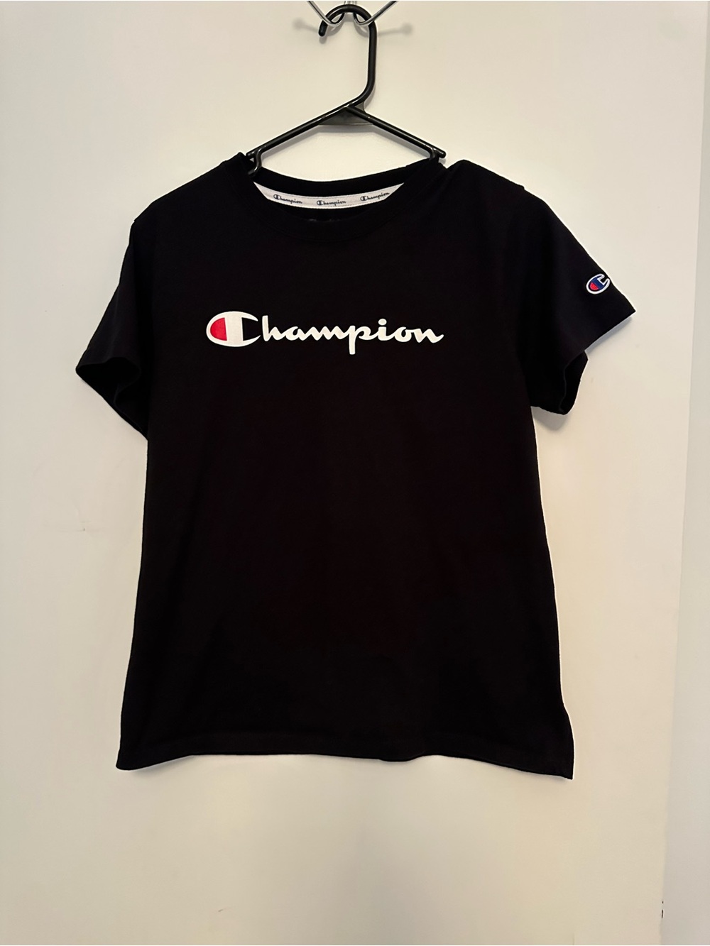 Champion Black Logo Crewneck Kids Tee with Red Accent